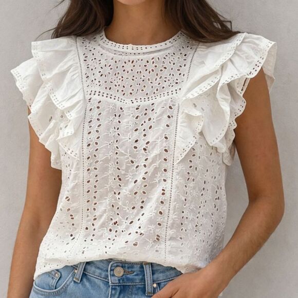 Good Hart Tops - Good Hart Eyelet Lace Cotton Ruffle Sleeve Blouse White NWT S